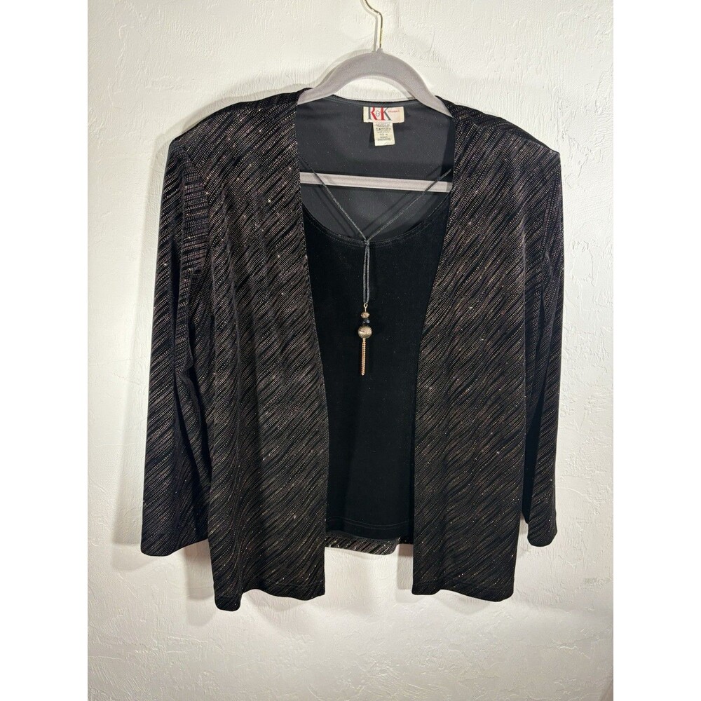 R & K Originals. Black Gold Evening Combo Outfit Shirt Jacket Necklace Size 16